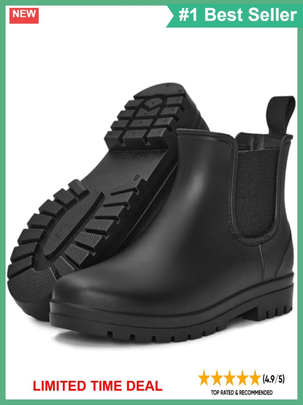 Waterproof Chelsea Ankle Rain Boots Slip-On Pull Tab Deep-Lug Outsole Women